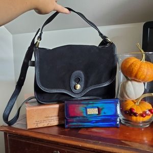 Black suede satchel and blue wallet